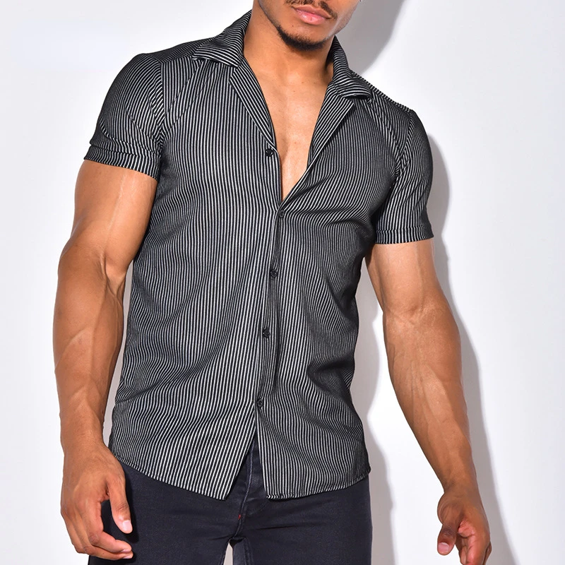 Men Shirt Summer Cardigan Single-Breasted Shirt Women Short Sleeve Turn-down Collar Striped Shirt Hawaiian Beach Vacation Shirt