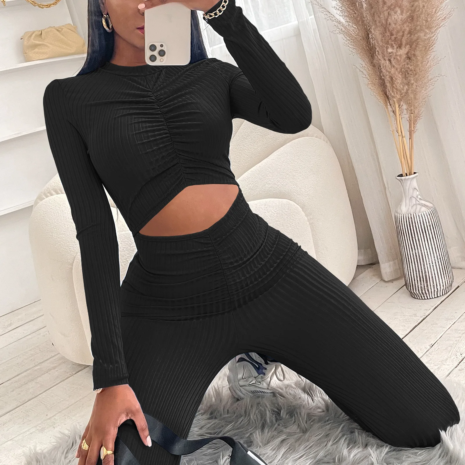 Women Summer Y2K Black Blue Jumpsuit Sexy Hollow Out Long Sleeve Bodycon Gothic Sexy Fitness Sport Overalls