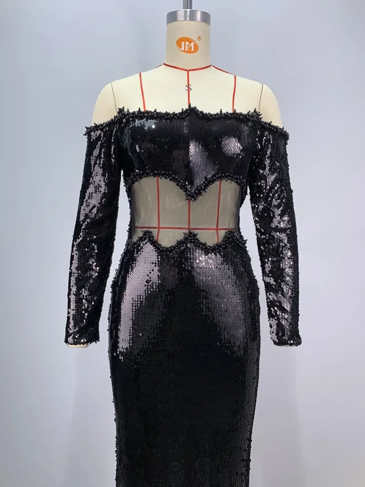 Женское длинное платье с длинным рукавом черное Сетчатое макси блестками и