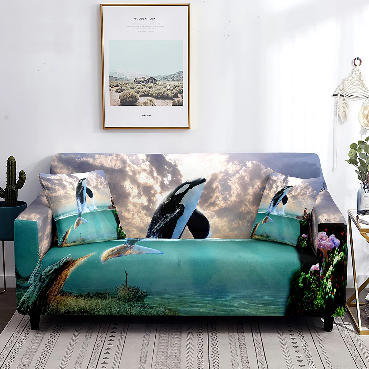 

3D Jumping Whale Sofa Cover Deep Sea Animal Marine Life Print Couch Cover Slipcover Washable Furniture Protector for Living Room