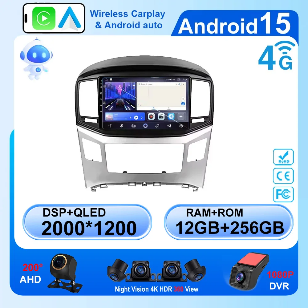 Фото Автомобильный радиоприемник Android 15, беспроводной Carplay для Hyundai H1 Grand Starex 2015-2020, головное устройство, мультимедийный плеер, GPS-навигация, 5G Wi-Fi №1