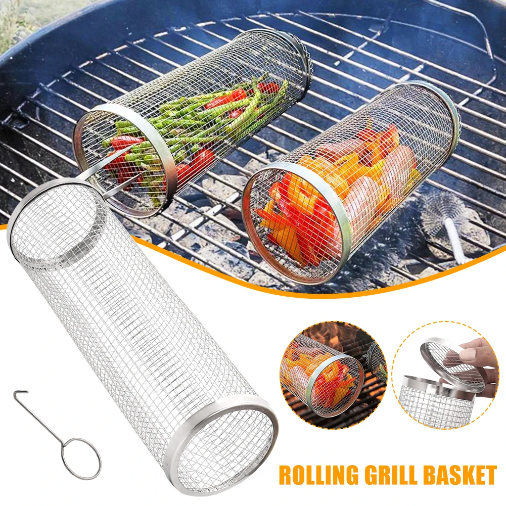 

BBQ Rolling Grilling Basket Stainless Steel Cylinder Grill Basket Mesh Camping Barbecue Rack for Vegetables, Fish, French Fries