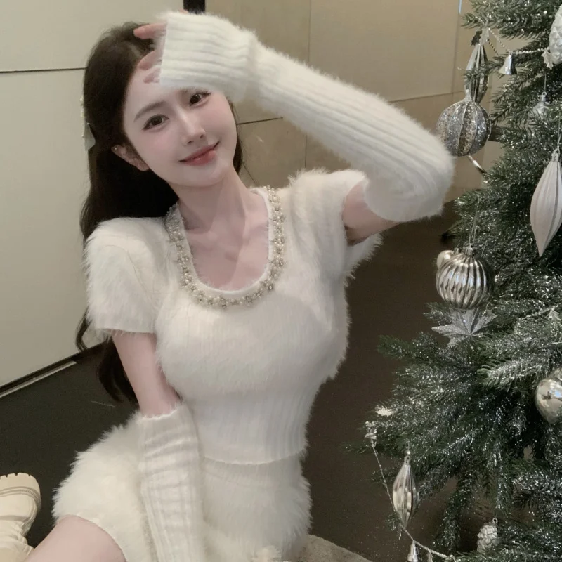 

2022 Winter for Women Korean Style Retro Warm Soft Cashmere Sweater Removable Sleeves Slim Knit Pullover Tops