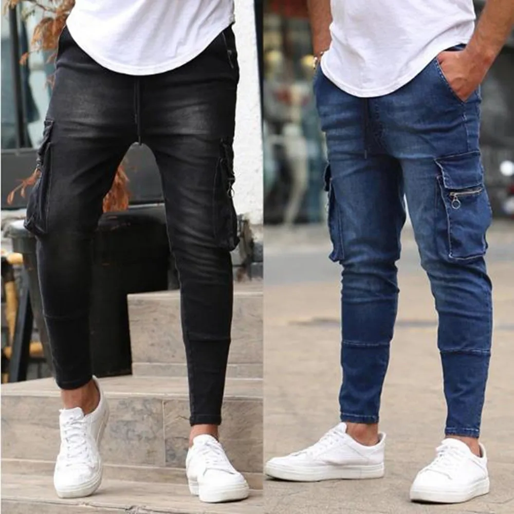 2023 men's multi-pocket zippered stretch jeans motorcycle high street fashion cargo pants