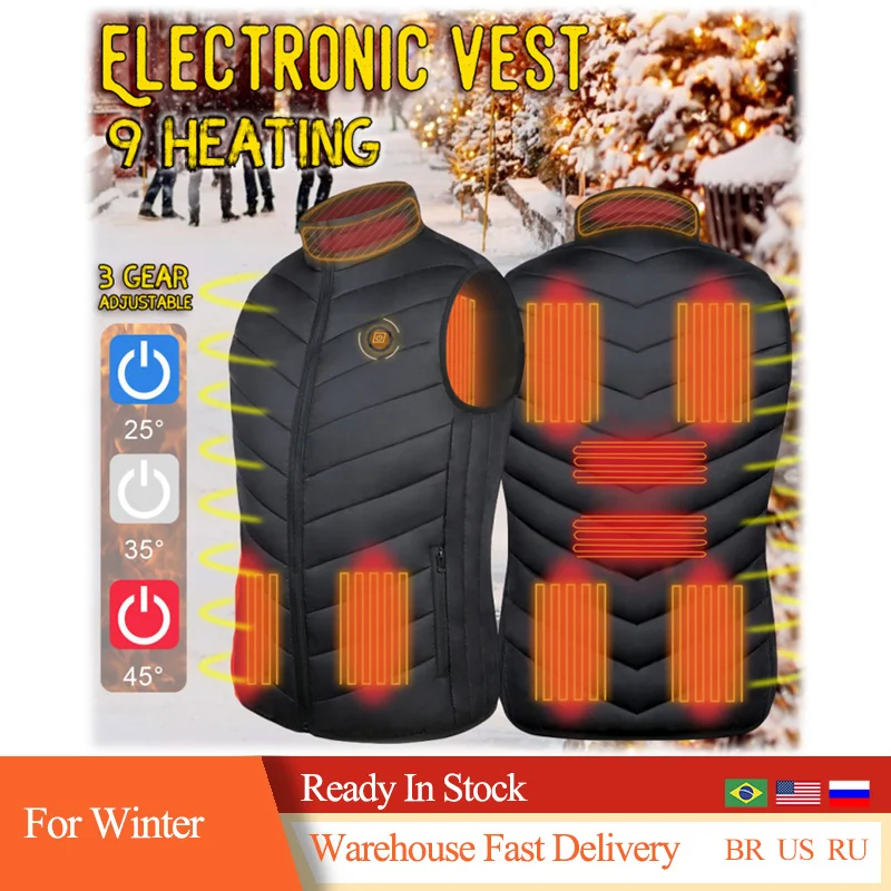 

Жилет с подогревом 9 мест, мужская и женская куртка с подогревом Usb, теплая одежда для охоты, зимняя модная куртка с подогревом черного цвета