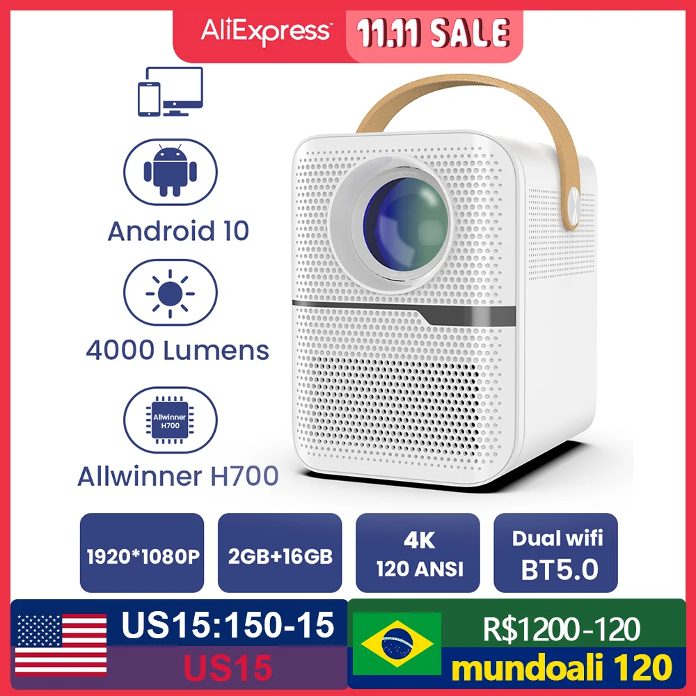 

Transpeed LED Android 10.0 Projector Real 1920*1080P 4000 Lumens 120ANSI 2.4G&5G Wifi 4K BT5.0 Digital Projector Video