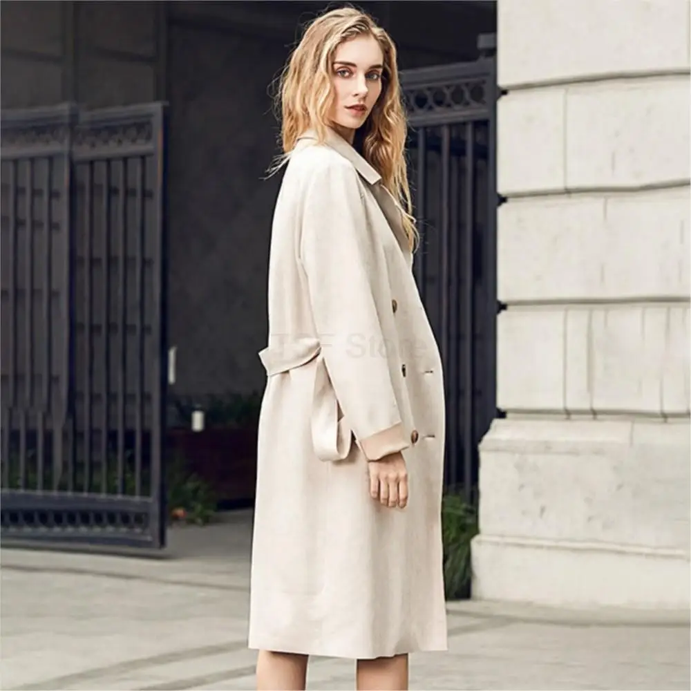 Women Fashion Real Suede Long Coat double-breasted With Belted Pure Color Designer Windbreaker Leisure Lapel Loose Jacket