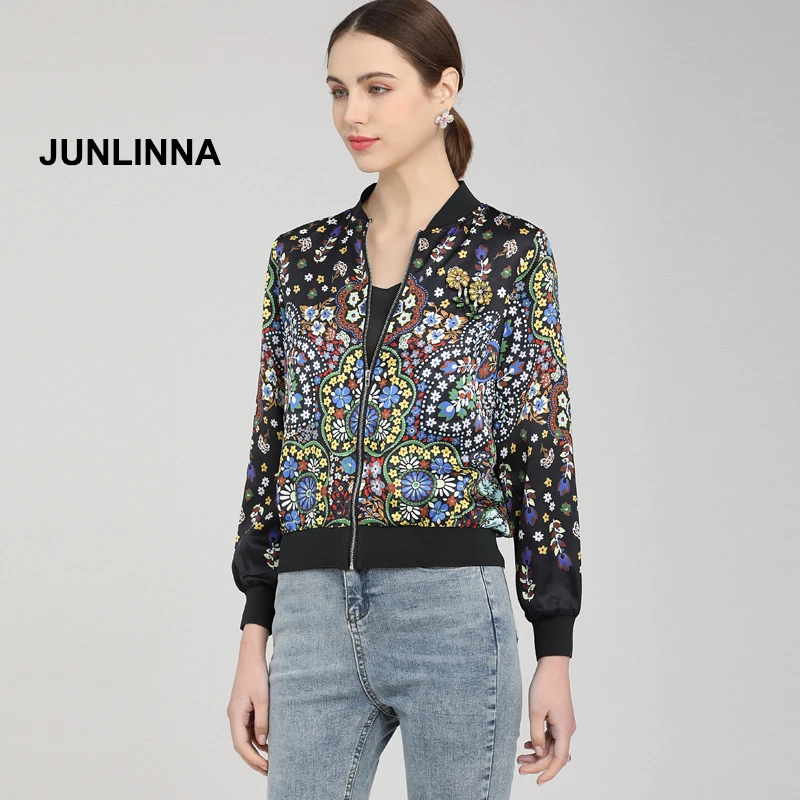 

JUNLINNA Fashion Designer Women Jacket 2022 Spring New Rhinestone Diamonds and Printed Short Coat Princess Outwear