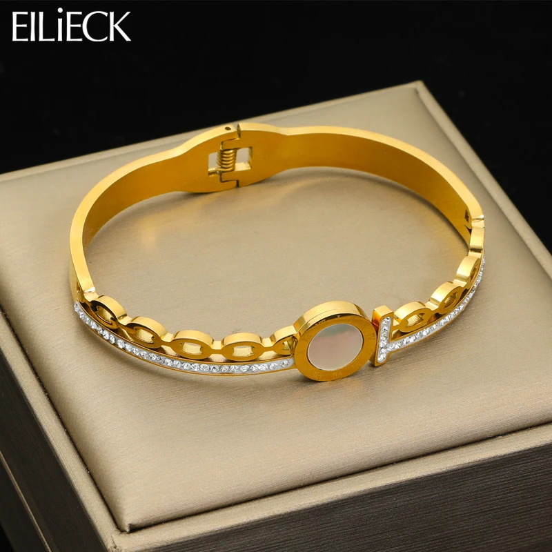 

EILIECK 316L Stainless Steel Round Roman Numerals Bangles Bracelet For Women Girl Fashion Gold Color High Quality Jewelry Gift