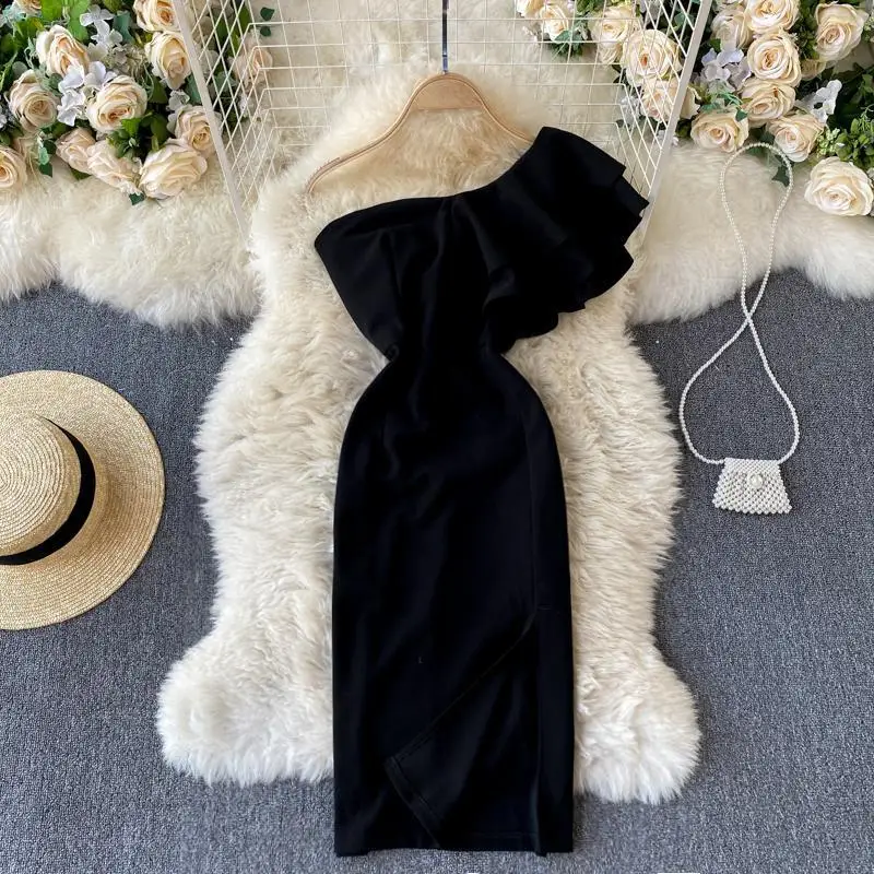 

Sexy Slash Collar Ruffle Party Dress Women Elegant Off Shoulder High Waist Bodycon Vestidos Female Spring Summer New Robe