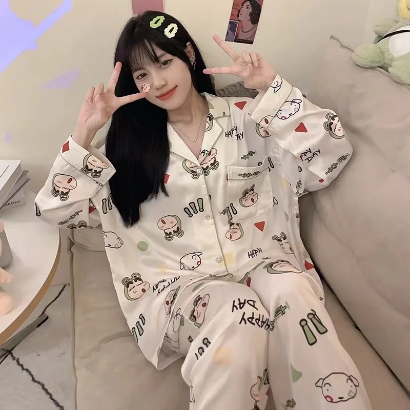Kawaii Crayon Shinchan Pajama Set Ice Silk Pajamas Long Sleeves Spring and Autumn Thin Section Cute Casual Homewear Set