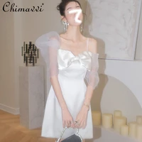 fashion white rhinestone bow decoration asymmetric dress for female 2022 summer new slimming short camisole dress womens