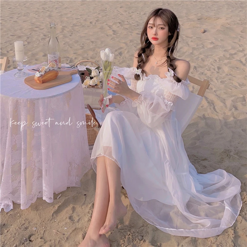 

Lace France Fairy Summer Elegant Dresses For Women White Vintage Off Shoulder Slim New Korean Fashion Casual Sweet Party Dress