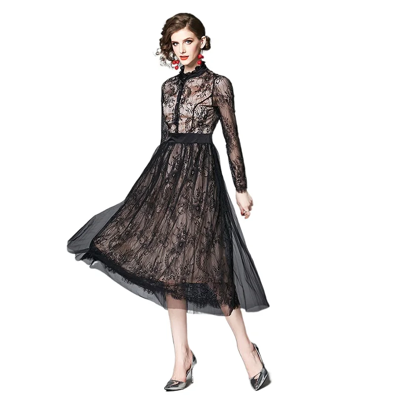 Simgent Women Dresses 2022 Autumn Long Sleeve Elegant Black Mesh Lace Midi Dresses Woman Clothing Vestidos Robe Femme SG28233