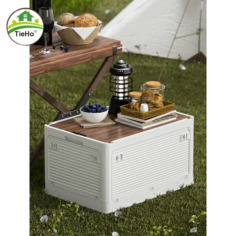 

Foldable Outdoor Camping Storage Box Wood Top Travel Storage Cabinet With Wheels Movable Picnic Organizers Outdoor Furniture