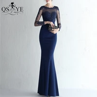 empire navy prom dresses 2022 elastic mermaid long dress women appliques lace formal party gown long sleeves v neck blue evening
