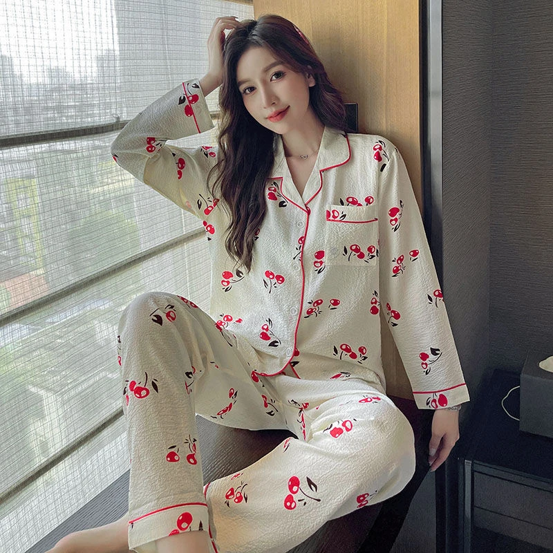 

Gauze Cotton Plus Women Pyjamas Trendy Turndown Size Long Cartoon Sleeve Set Kawaii Elegant Cardigan Cherry Pajama Women Collar