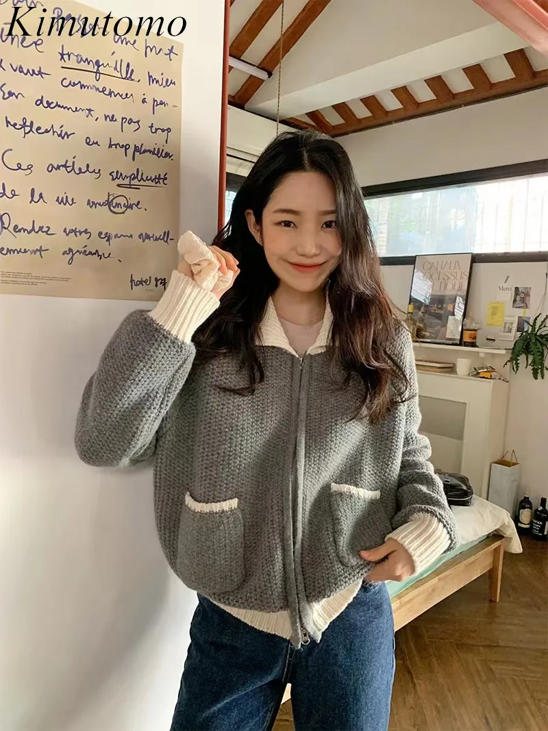 

Винтажный контрастный свободный свитер Kimutomo, Простой повседневный кардиган на молнии с отворотом, длинными рукавами и карманами, универсал...