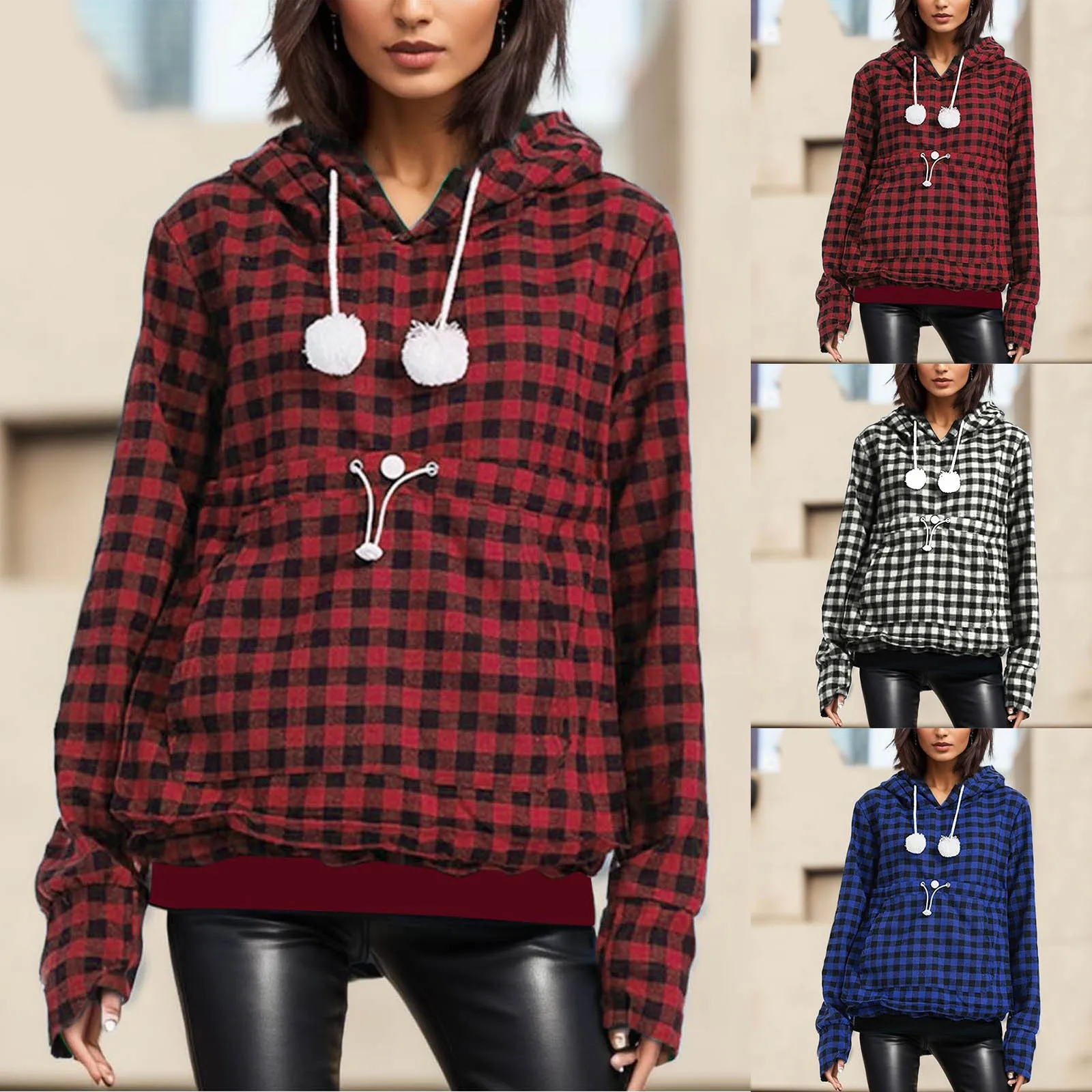 

Women'S Autumn And Winter Fleece Loose Pet Hooded Sweater Pullover Large Pocket Plaid Sweatshirt Light Jacket Womens