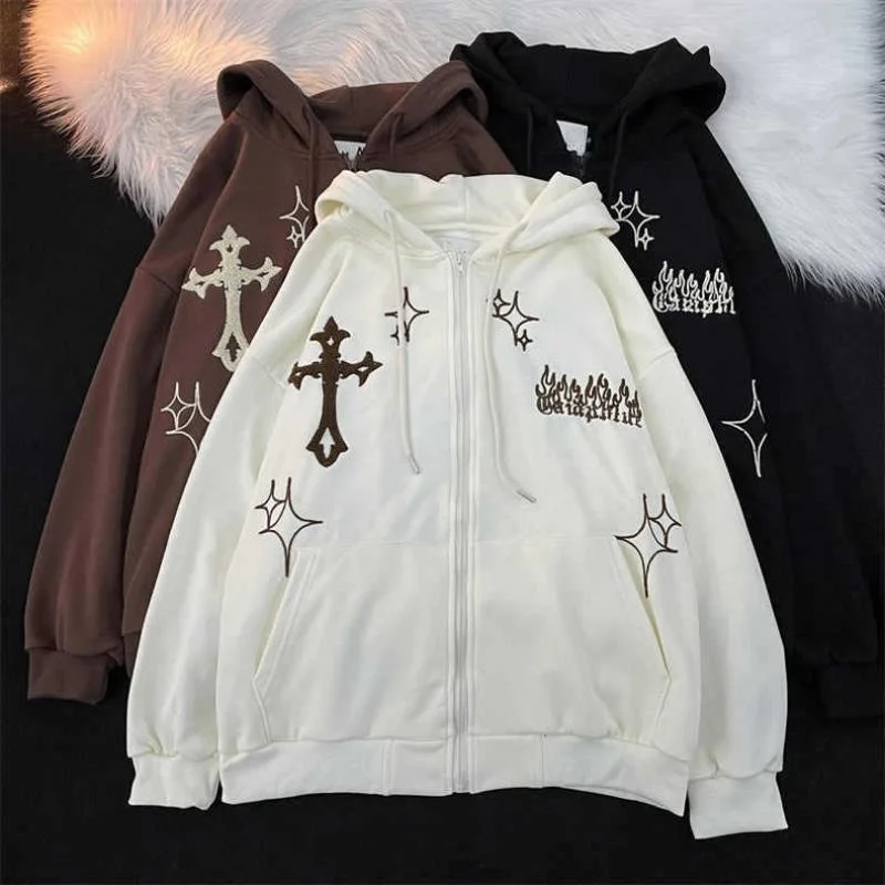 

Gothic Embroidery Hoodies Women Retro Harajuku Hip Hop Jacket High Street Zip Up Hoodie Casual Loose Sweatshirt Clothes Tops