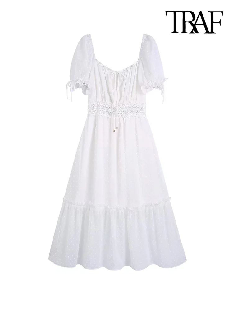 

Платье-миди женское кружевное с рюшами, коротким рукавом и молнией сзади