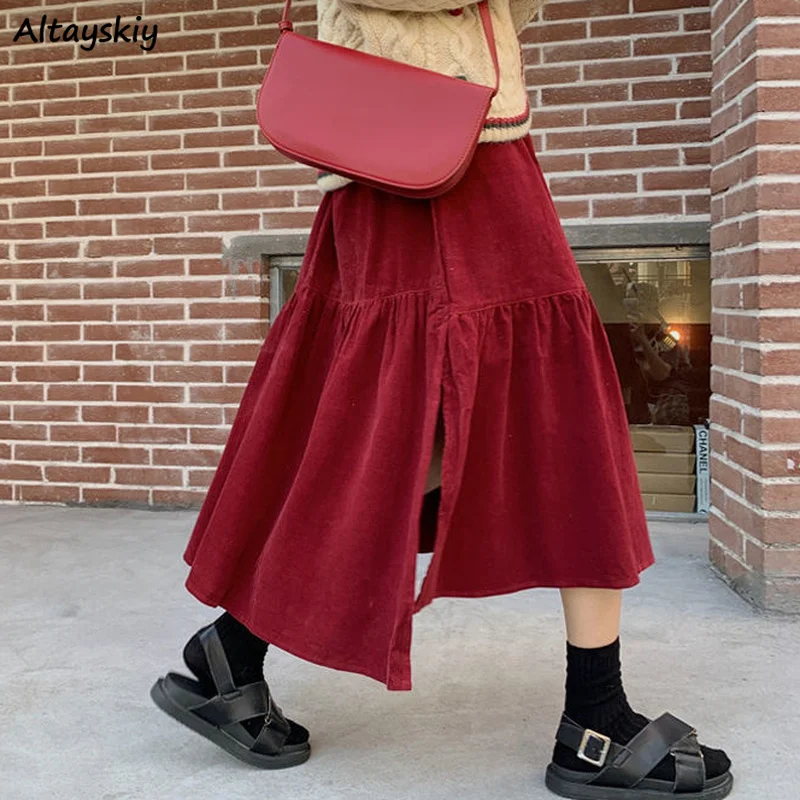 

Corduroy Skirts Women Autumn Retro Asymmetrical Pleated Side-slit Solid All-match Classic Basic Ins Females Streetwear Gentle