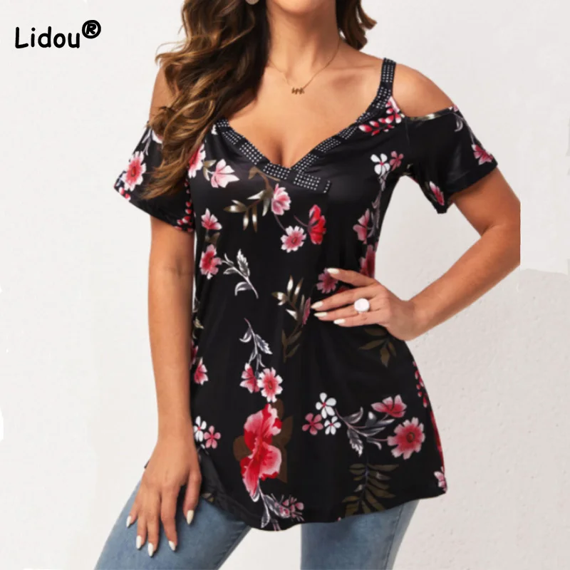 

Футболка оверсайз с открытыми плечами и цветочным принтом, приталенный пуловер с глубоким V-образным вырезом и коротким рукавом, Модный жен...