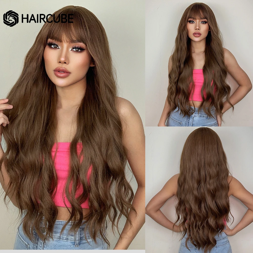 

HAIRCUBE Long Wavy Honey Brown Synthetic Wigs With Bangs for Women Daily Use Cosplay Natural Hair Wigs Heat Resistant Fiber