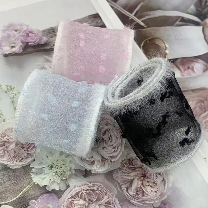 Лента из органзы с меховыми крапками для поделок ручной работы повязки на голову