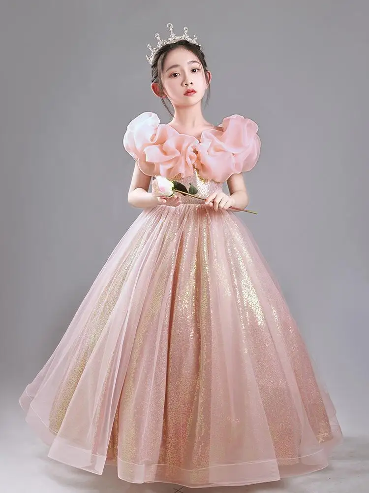 2023 Luxury Designer Dress Princess For Gilr long Ball Gown Teens Kids Sequined Tulle Maxi Party Dress Girls Elegant Grad Night