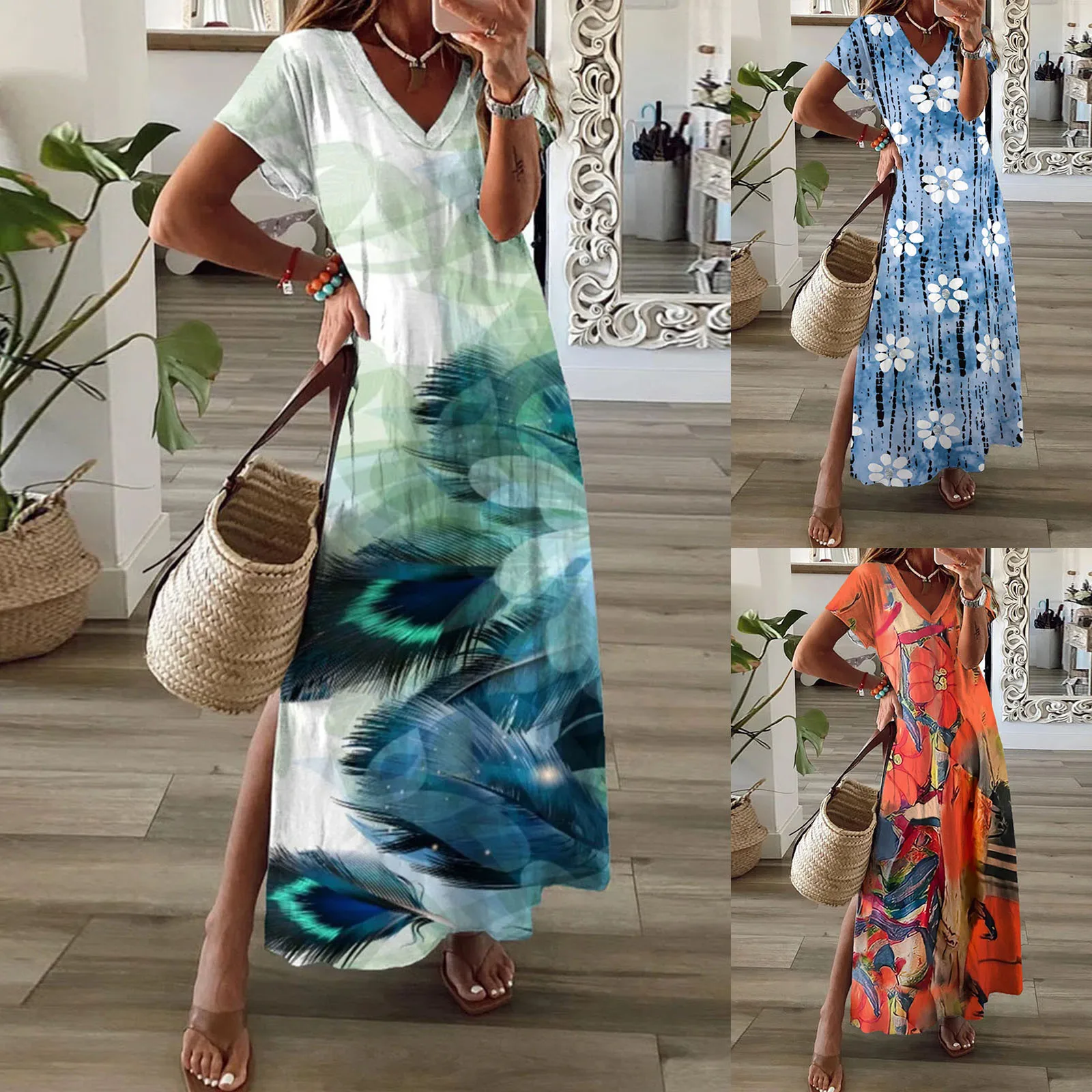 

Женское длинное платье с коротким рукавом и глубоким V-образным вырезом