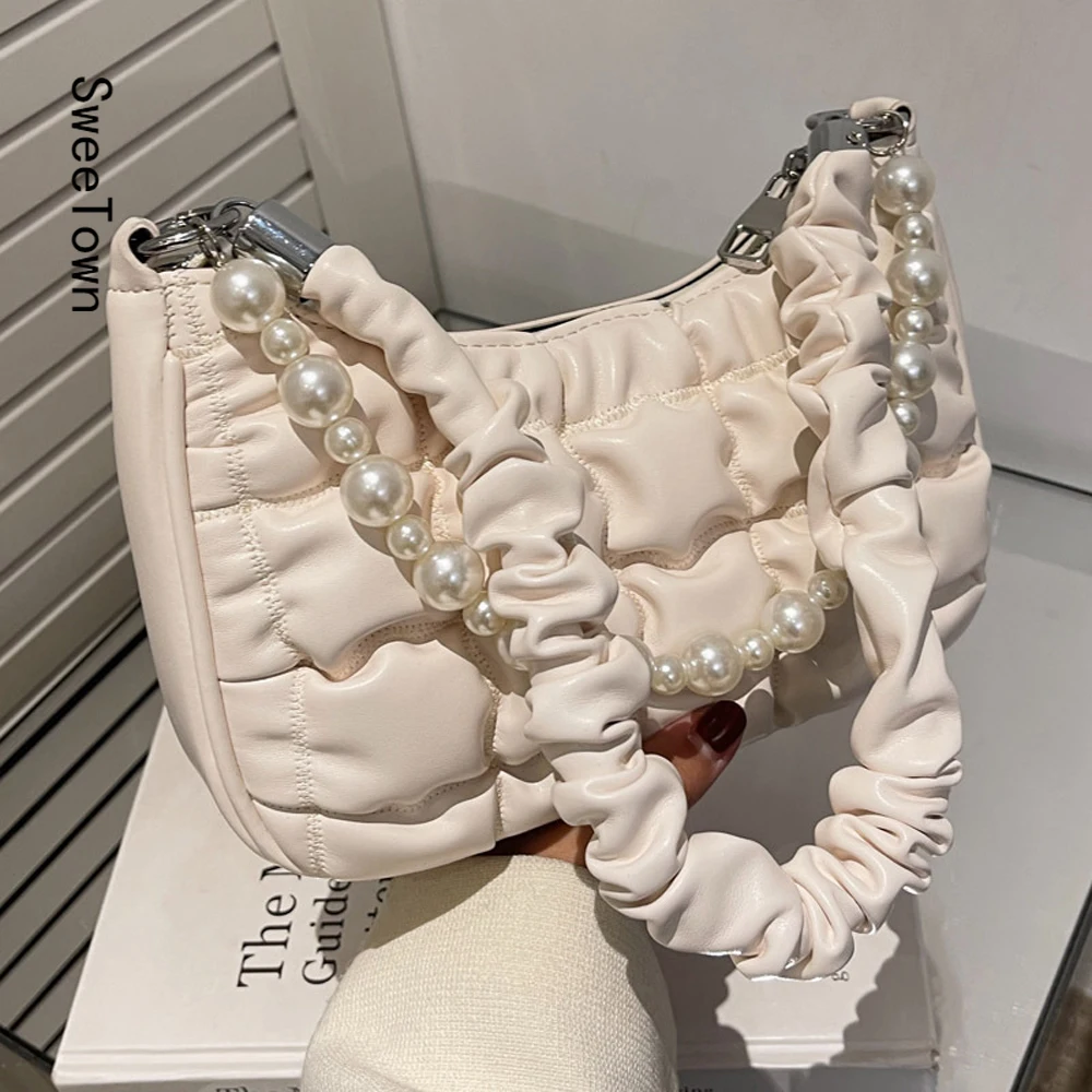 

Sweetown Underarm Bag Women 2022 New Pleated Pearl Shoulder Bag Messenger Bag Pearl Design Cloud Shoulder Bag Purses Crossbody