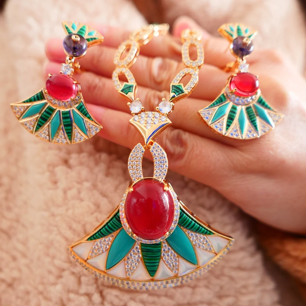 Luxury Gold Plated Natural Shell Pearl Green Malachite Red Stone Colored Fan-shaped Large Earrings Necklace Jewelry Set Women