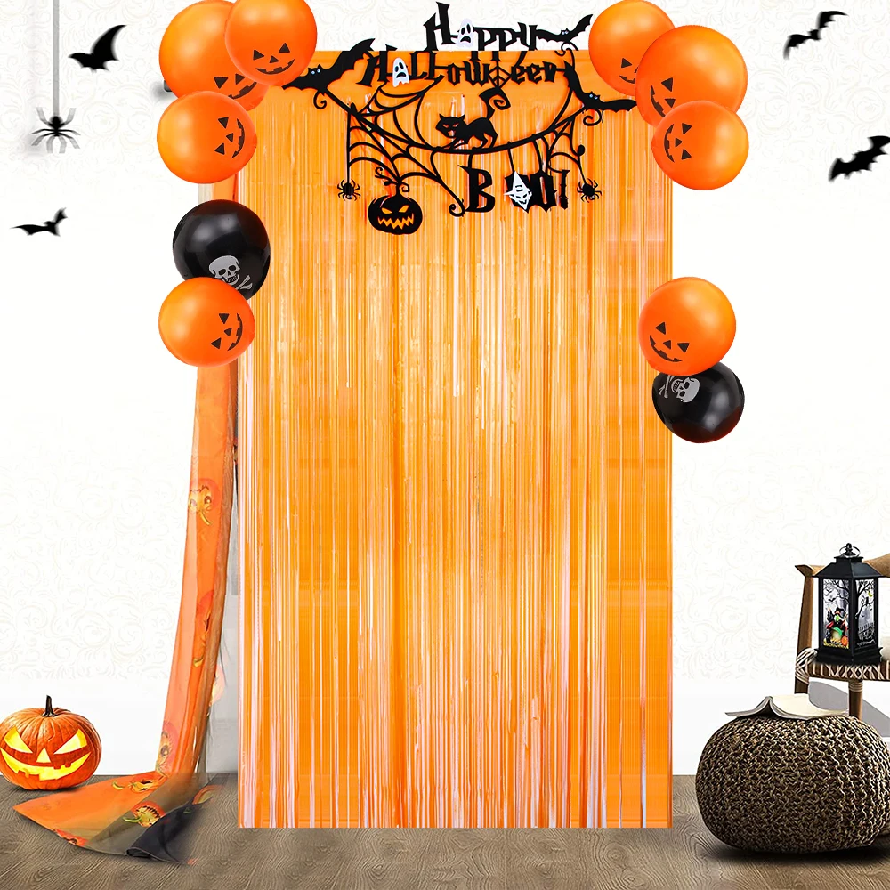 

DIY Charm Halloween Decoration 2022 Black Orange Tinsel Fringe Curtains Home Party Non Woven Bat Banner Decoration