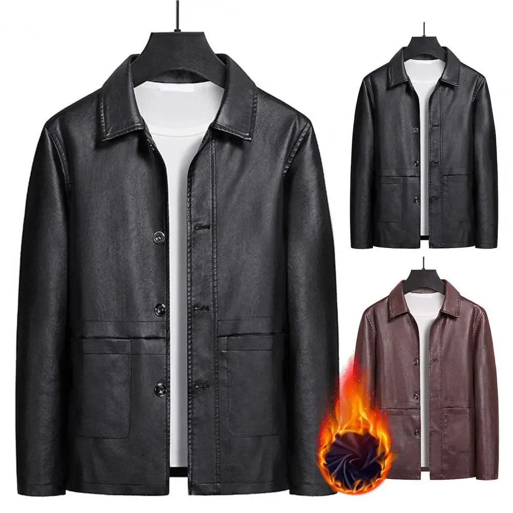 

Lapel Long Sleeve Coat Stylish Men's Fleece-lined Faux Leather Jacket Lapel Long Sleeve Pockets Ideal for Autumn/winter