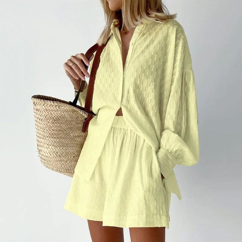 

Elegant Women Suit Soft Vacation Suits Women Long Sleeves Shirts And Hot Pants Two Pieces Outfits Summer 2023