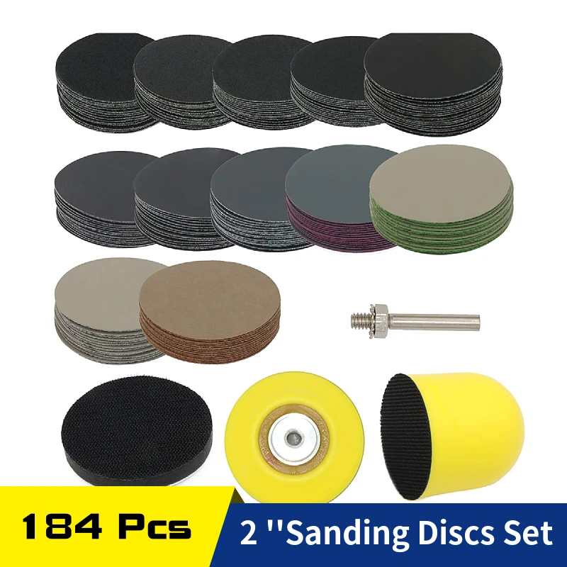 

184 Pcs 2 Inch Sanding Discs Wet Dry Sandpaper Hook Loop with Buffer Pad Backing Plate for Wood Metal Mirror Grinding Polishing