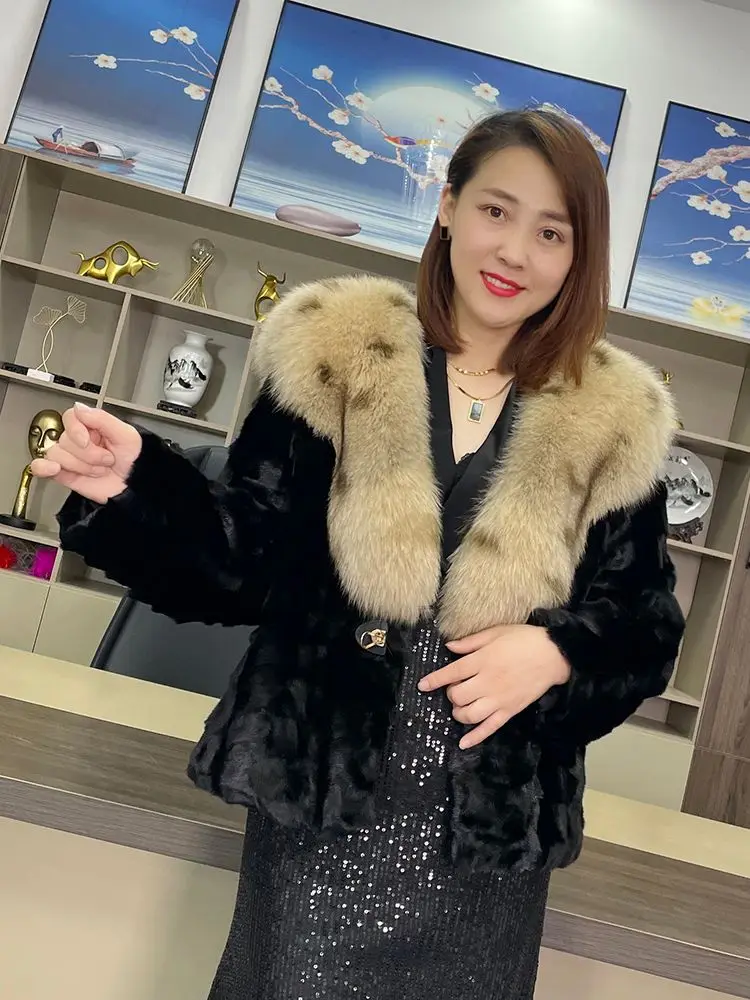 

FURTJY 2023 Natural Luxury Brand Outerwear Streetwear Fashion Real Mink Coat Big Fox Fur Collar Witner Jacket Women Thick Warm