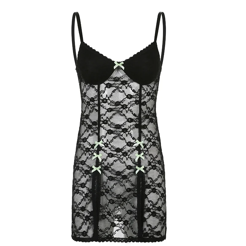 

Rose Lace Stitching Mesh Split Suspender Skirt Sexy Slimming See-through Dress