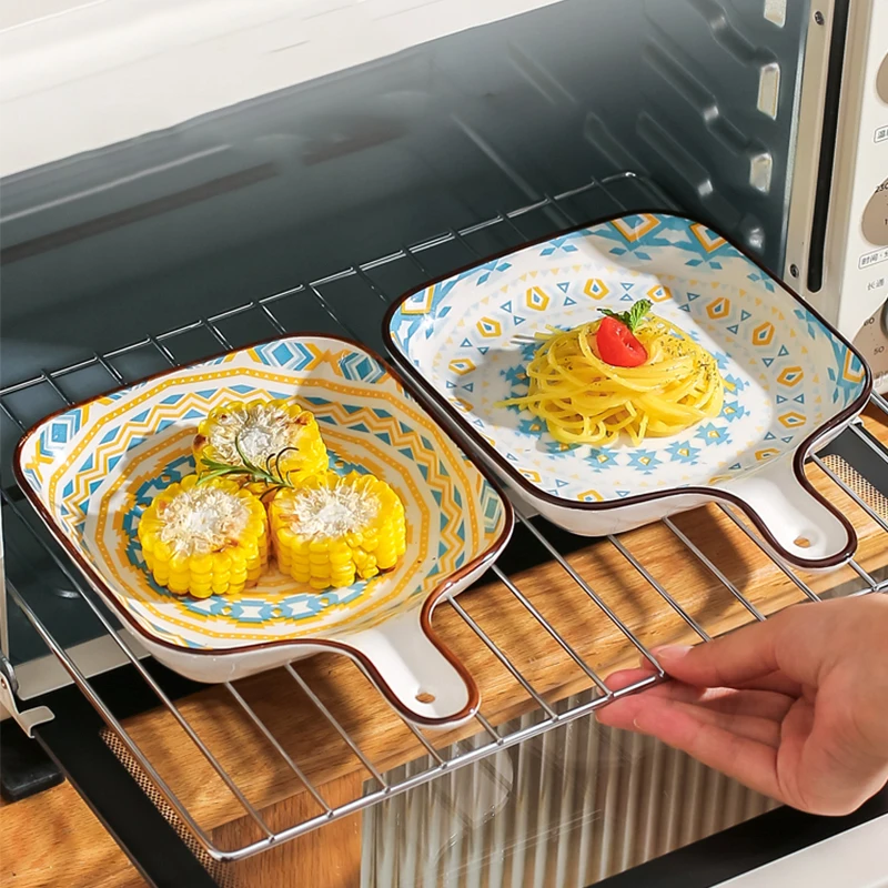 

Керамические тарелки в богемном стиле с ручкой для кухни, микроволновка для запекания в печи, обеденная тарелка для закусок