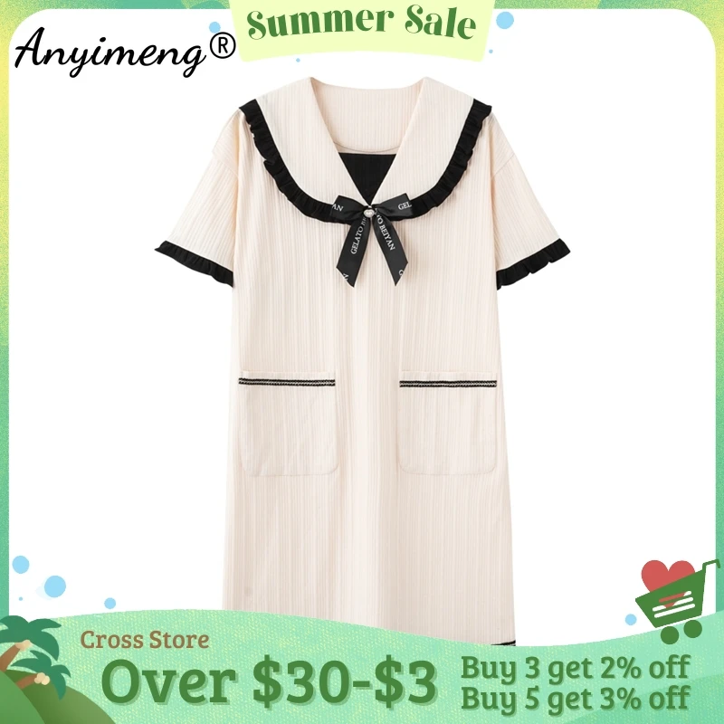 

Womens Sleep Tops Fashion Nightgowns Navy Lapel Bow Decoration Dressings Woman Clothing Cotton Victorian Dress Kawaii Nightdress