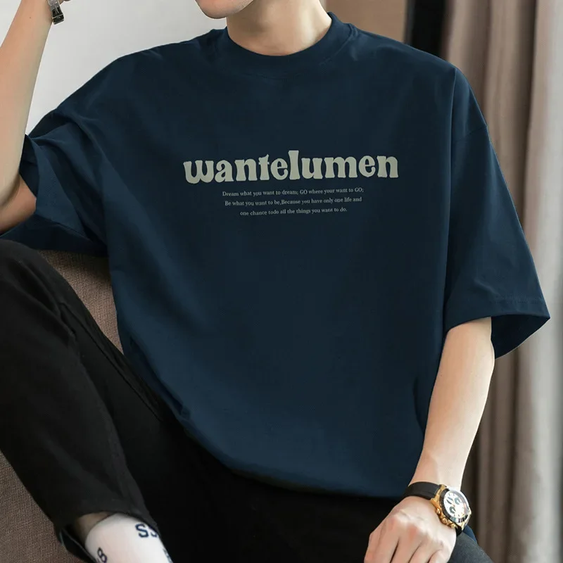 Мужская футболка из плотного хлопка с коротким рукавом свободный крой круглым