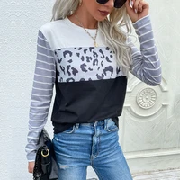 t shirt fashion new 2022 new t shirt women loose round neck stitching leopard print casual long sleeved top