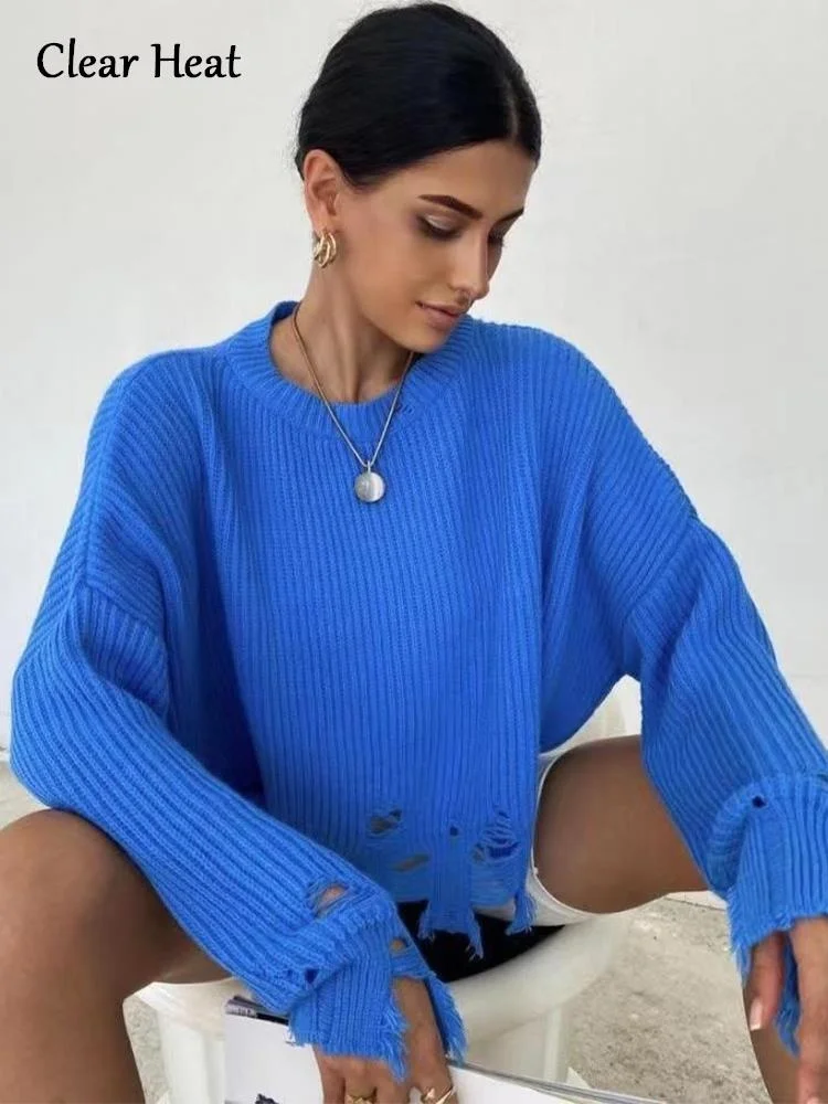 

Women Ripped Hole Tassel Knit Sweater 2022 Winter Female Casual Loose Pullover Jumpers Harajuku O Neck Long Sleeve Lady Knitwear