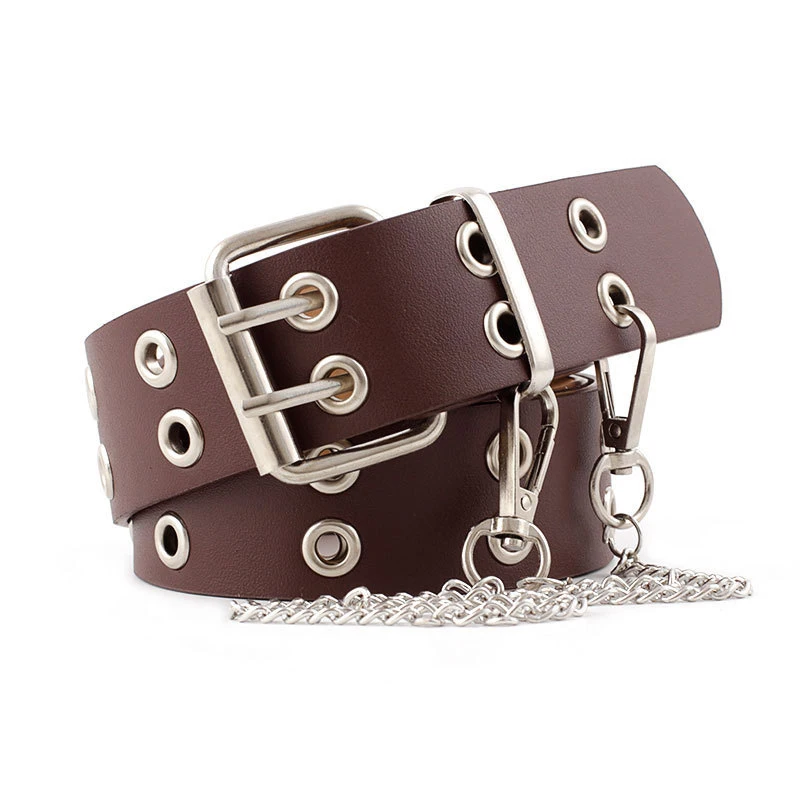 

Classic Double Row Hole Men's And Women's Pu Leather Belt Punk Style Metal Chain Buckle Belt Versatile Waist Fashion Decoration
