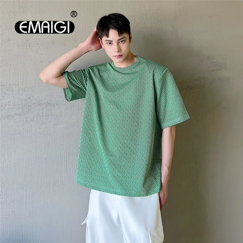 

Men Geometry Print Loose Casual Short Sleeve T-shirt Cityboy Korean Streetwear Vintage Fashion Tops Tees Shirts Male Tshirt
