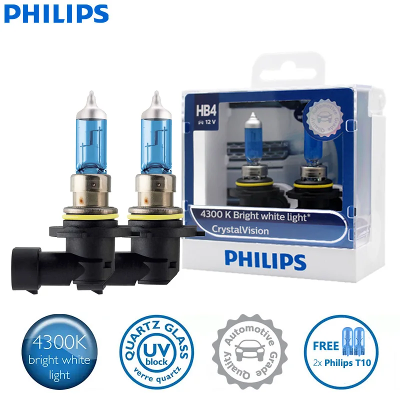 

2X Philips HB4 9006 P22d 12V 55W Crystal Vision 4300K Bright White Light Halogen Headlight Car Lamps with 2x T10 Bulbs 9006CVSM