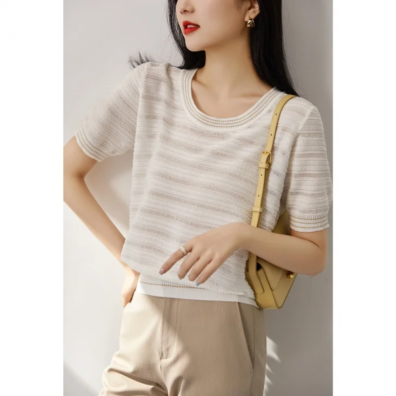 Lightweight Breathable White Hollow-out Design Fashion round Neck Knitwear Short Sleeve Top for Women Summer