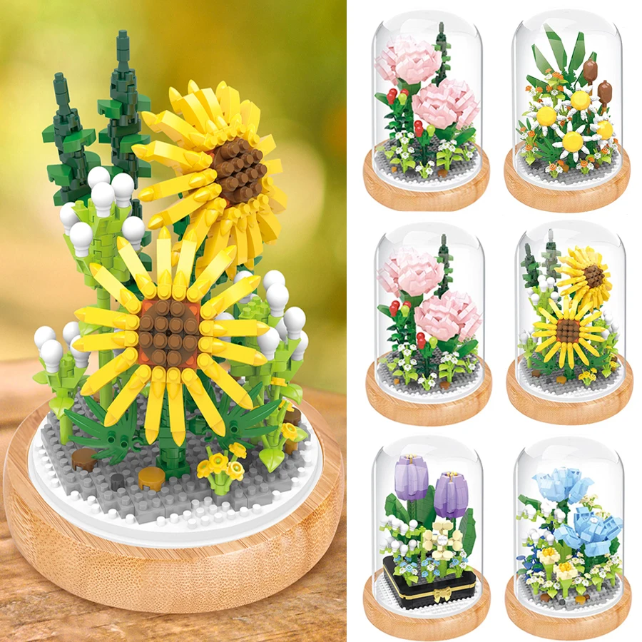 

City Mini Immortal Flower Ornament Model Building Blocks Friends Rose Sunflower Bouquet Potted Bricks For Adults Girlfriend Gift