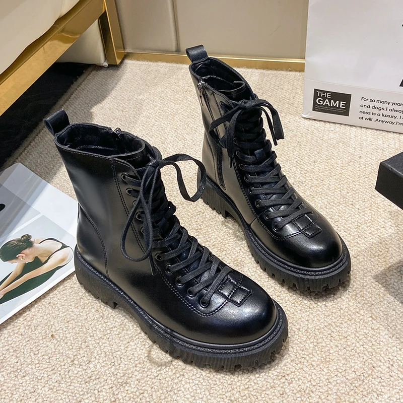 

2022 New Women's Soft PU Leather Boots Solid Color Short Boots Winter Warm Fur Ankle Boots Thick Plush Mid-heel Women's Boots
